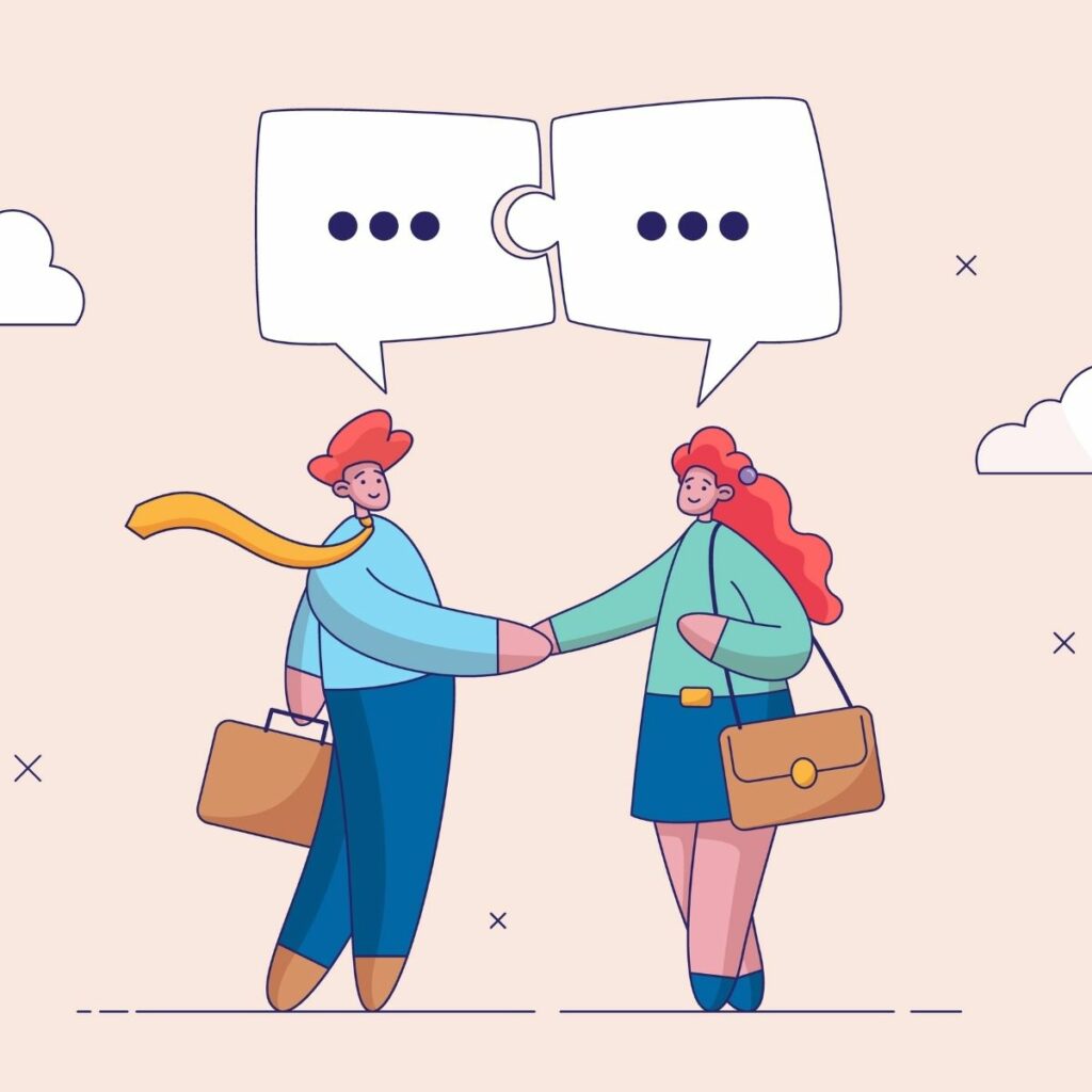 Graphic of a person shaking hands with another person. Above them are two floating speech bubbles that connect like puzzle pieces. Shows how client communication can promote understanding.