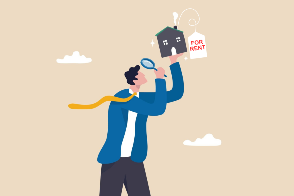 Illustration of a person with short hair, a blue suit jacket, and a yellow tie, holding up a miniature house and analyzing it with a magnifying glass, like a landlord or tenant preparing for a rental property inspection from a home inspector.