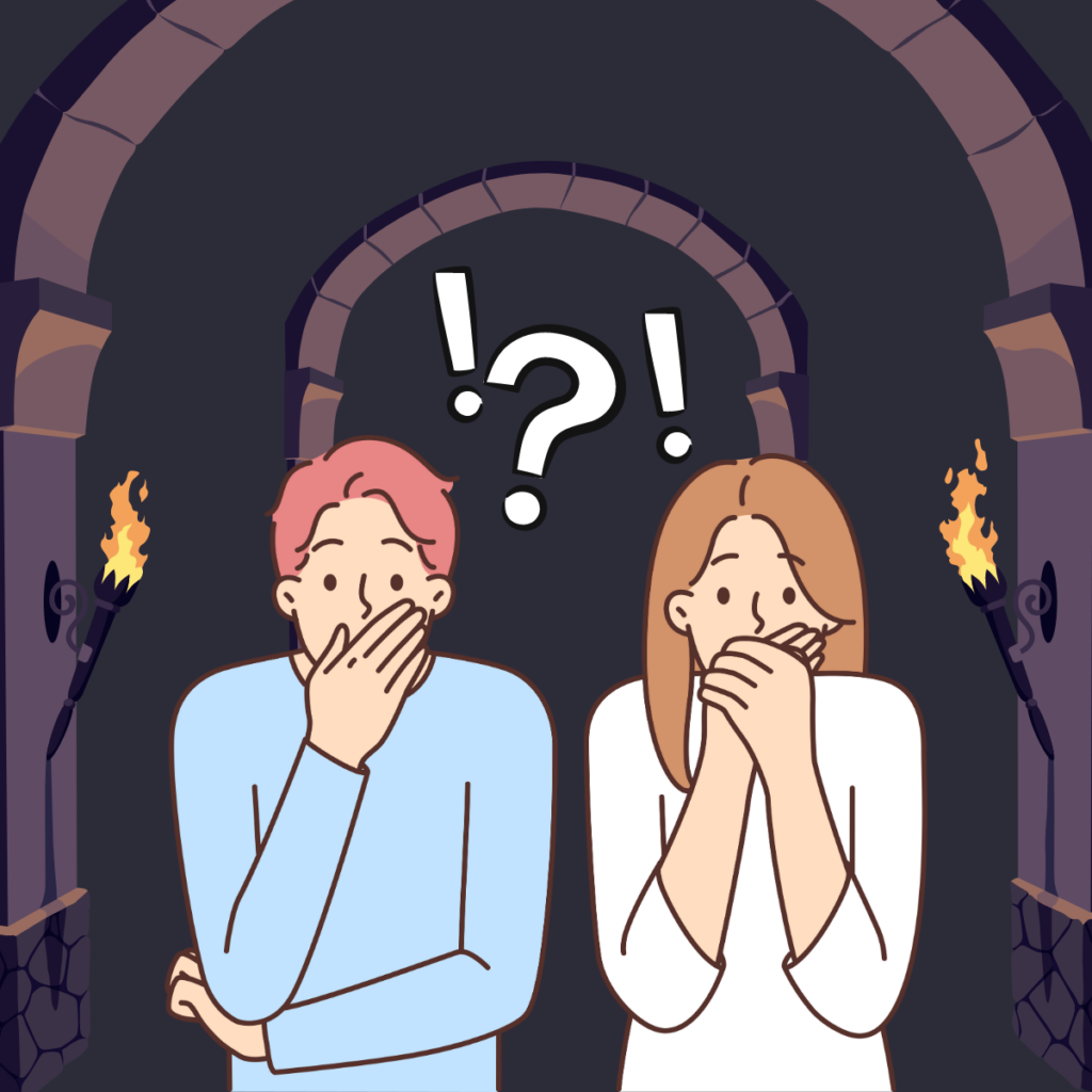 Graphic of two cartoon people in a dark dungeon, covering their mouths in surprise with exclamation marks and a question mark floating above their heads. Creepy hidden rooms found in houses surprise many inspectors and home buyers.