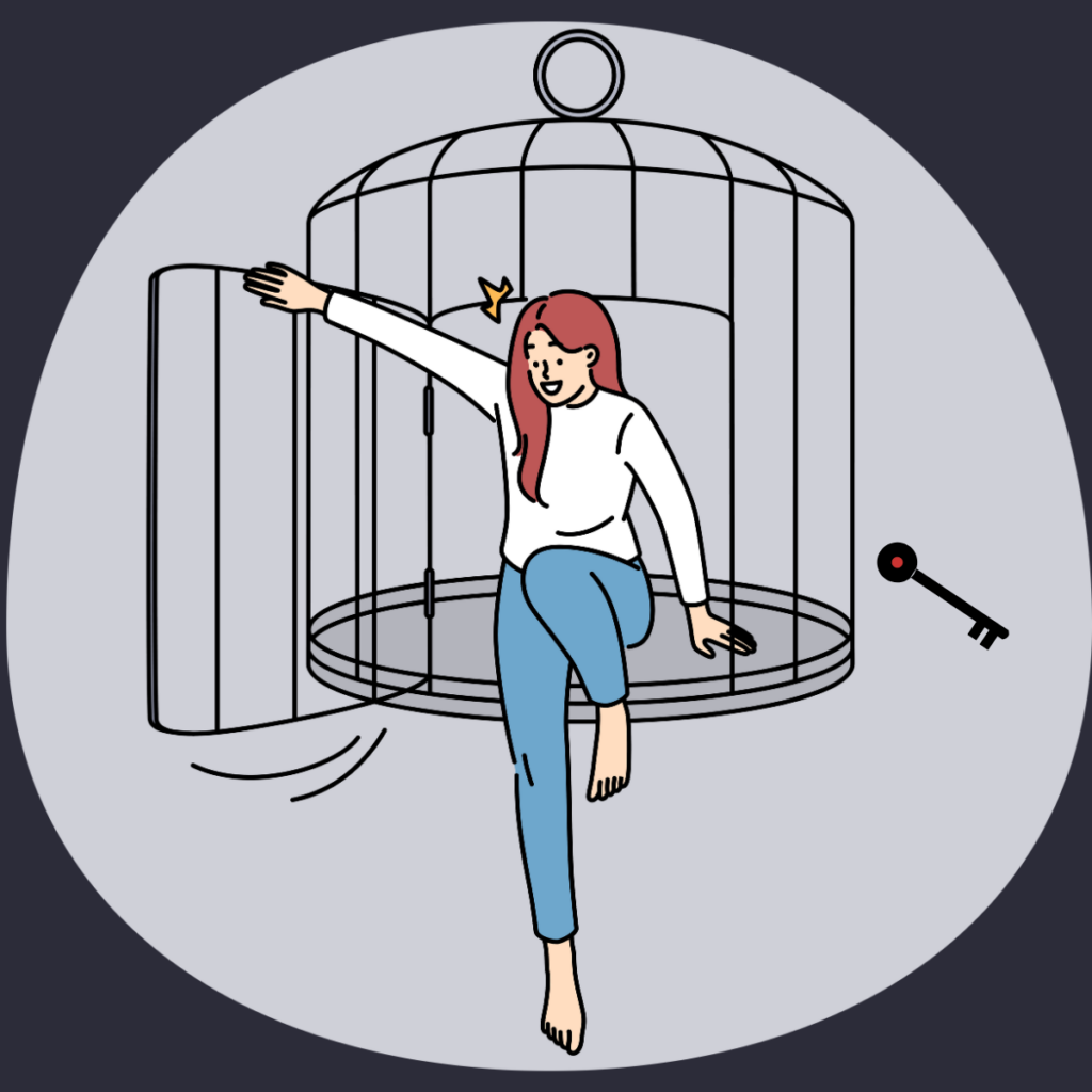 Graphic of cartoon person escaping a birdcage-like structure, smiling while a key falls to the ground. 