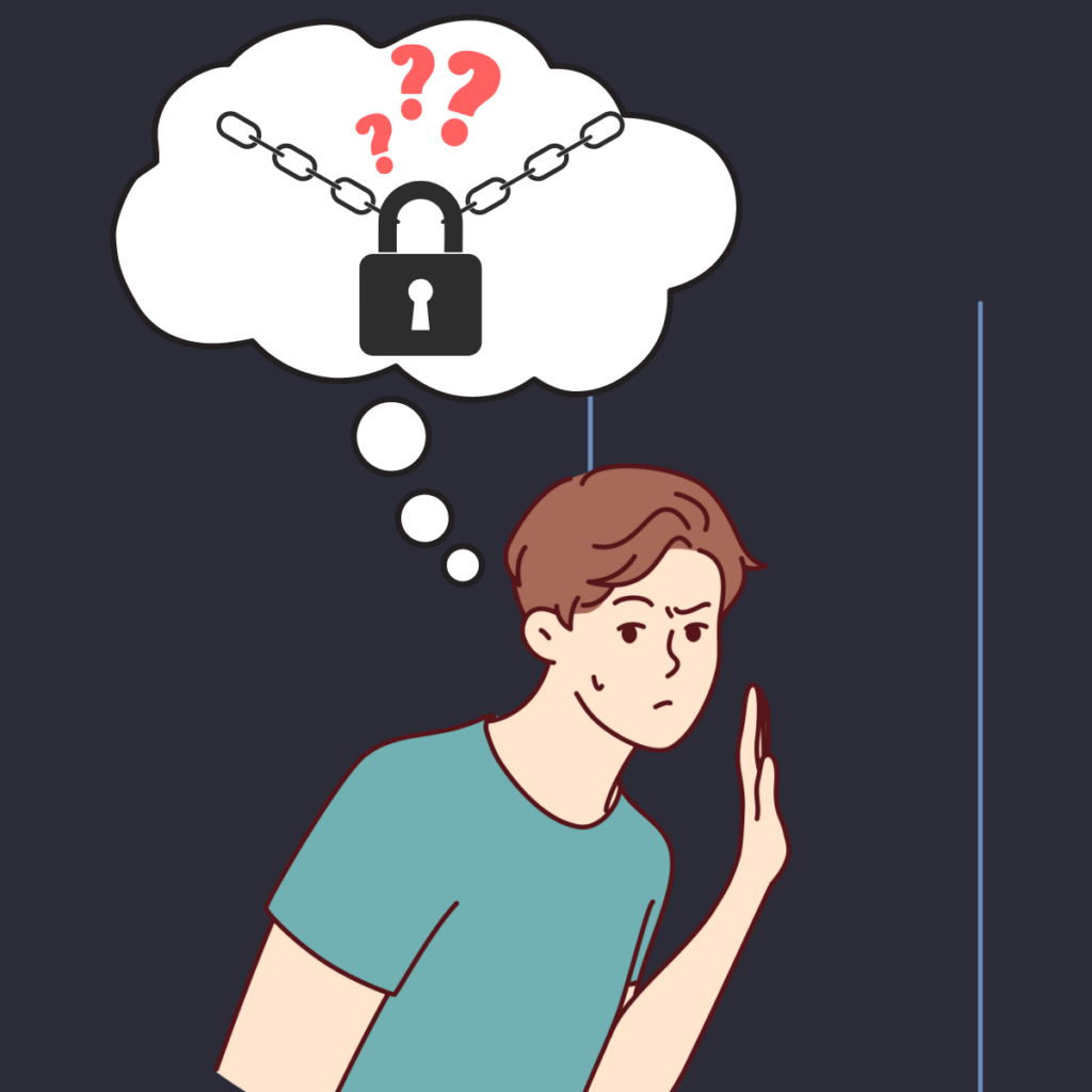 Graphic of person leaning against dark hidden door in the walls, with a concerned look on their face and a thought bubble above them. Inside the thought bubble is a door padlock and several question marks, indicating the person's confusion about a locked hidden door in the walls.