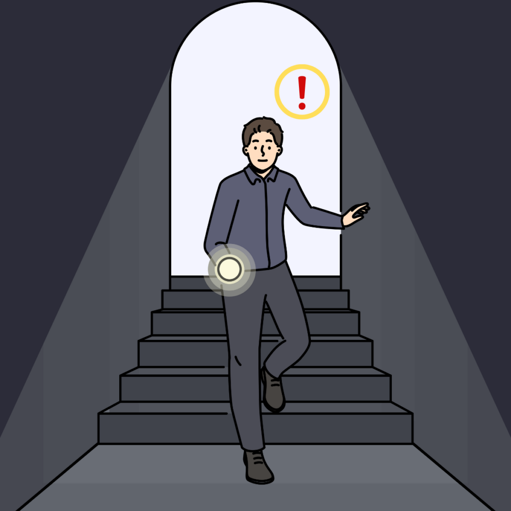 Graphic of cartoon person walking down dark stairway, as seen in homes with underground tunnels. The person is holding out a flashlight.