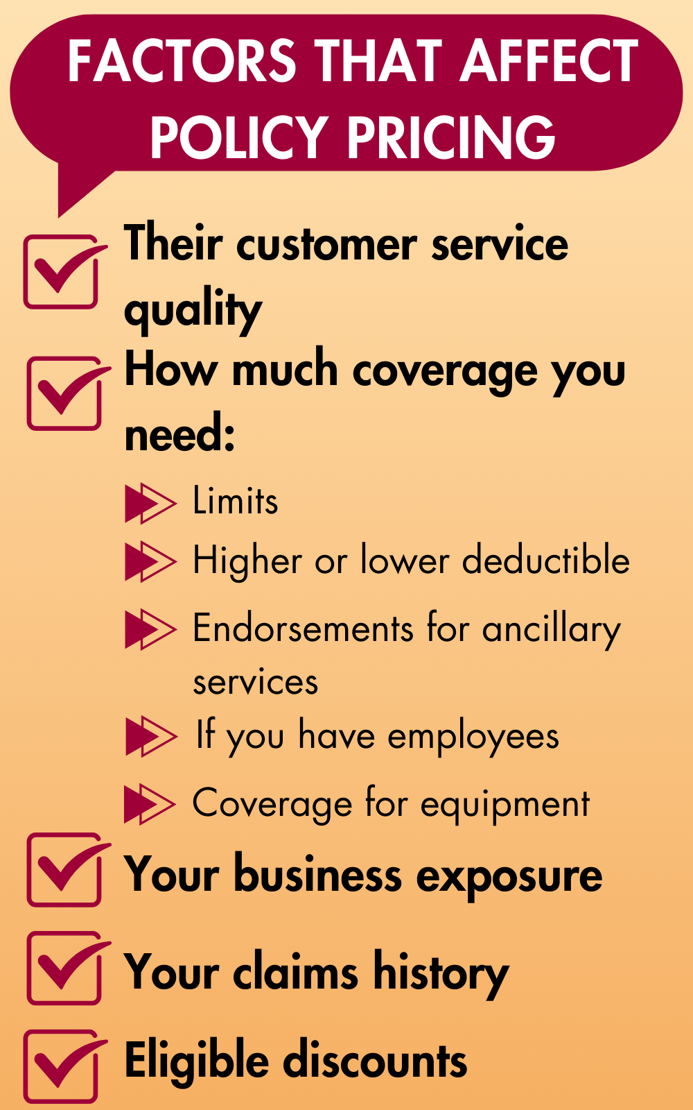 Table about home inspection insurance cost factors, which says: Factors That Affect Policy Pricing -Their customer service quality -How much coverage you need -Your business exposure -Your claims history -Eligible discounts