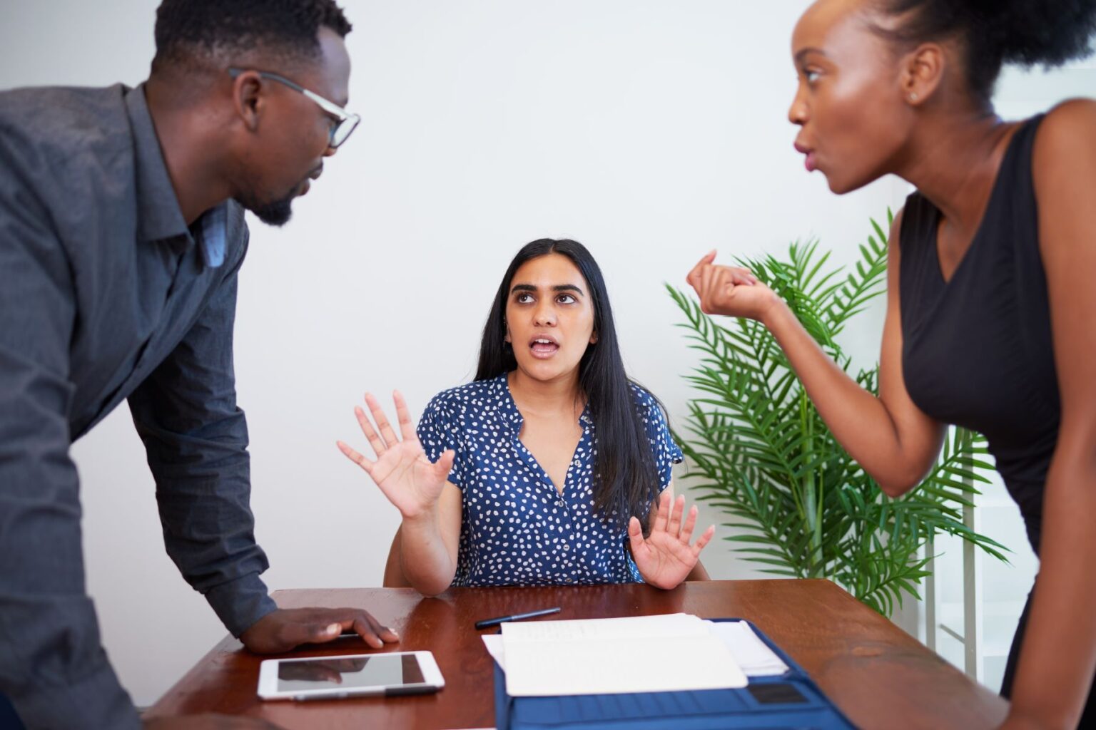 Demonstrating the differences between arbitration and mediation, where mediation is more open to disagreement, a mediator sits at a table while two individuals lean over the table arguing.