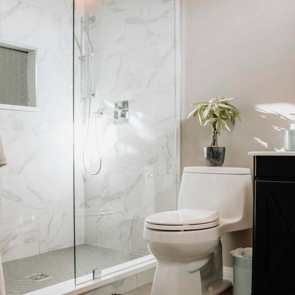 A toilet and shower in an upscale home bathroom. In this case study, the shower and toilet backed up after a home inspector forgot to provide a sewer scope inspection report.