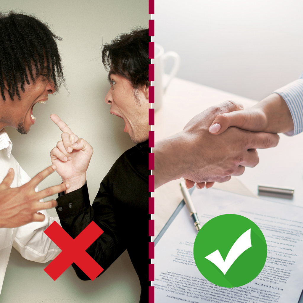 Two side-by-side images: on the left, two people arguing angrily and yelling in each others' faces, a red "X" hovering; on the right, two hands shaking over a contract, a checkmark hovering. When inspectors ask "What are the disadvantages of mediation," we explain that mediation leads to arguments, whereas arbitration leads to solutions.